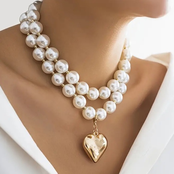 Jewelry - 220. 2 Pieces/Set Exquisite Heart-Shaped Pendant Necklace - Faux Pearl Strands